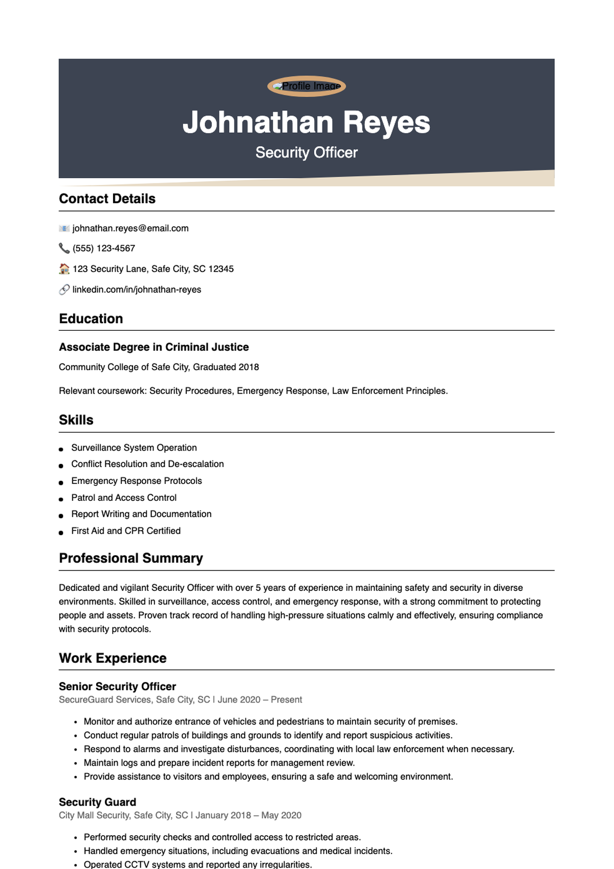Professional security officer resume with photo and skills section_variant_1